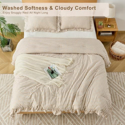 Queen Ruffle Gingham Comforter Set Tan Plaid Farmhouse Bedding Variation of THIS listing