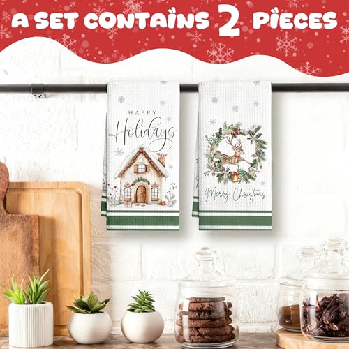 Christmas Kitchen Towels Set of 2 - Green 03, Reindeer & Wreath Design, 16x24 Inch Farmhouse Holiday Decor