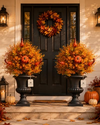2pcs Artificial Fall Pumpkin Tree Stakes 22 Inch Orange Topiary with Eucalyptus