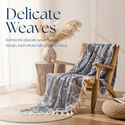 Grand Blue Chenille Throw Blanket with Tassels - Lightweight & Soft 55x60"