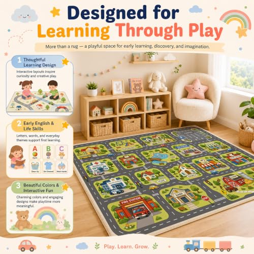 Kids Town Road Rug - Car Play Map Carpet for Playroom, 3 x 5 ft - Town Car Road Variation