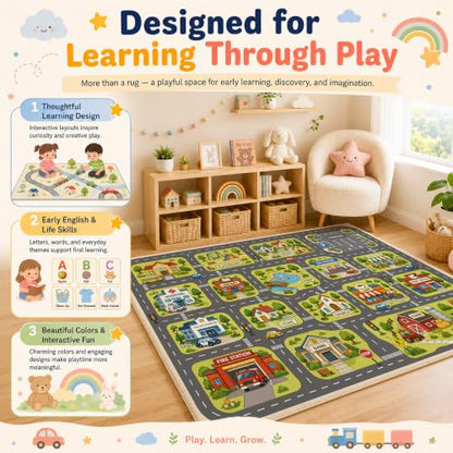 Kids Town Road Rug - Car Play Map Carpet for Playroom, 3 x 5 ft - Town Car Road Variation