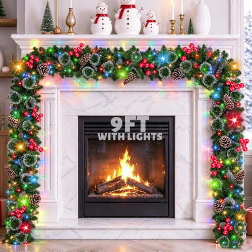 Prelit Christmas Garland with 50 LED Color Lights, Timer, 9Ft x 10In