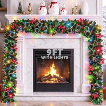 Prelit Christmas Garland with 50 LED Color Lights, Timer, 9Ft x 10In
