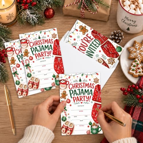 Christmas Pajama Party Invitation Cards - Set of 20 with Envelopes, Vibrant Design
