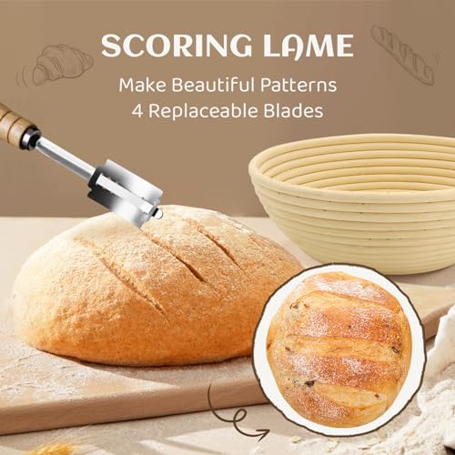 Banneton Bread Proofing Baskets set of 2, 9inch Round & 10inch Oval Sourdough Proofing Basket, Natural Handmade Rattan Basket with Bread Making Tools kit,Covers,Scoring Lame,Scraper,Brush,Dough Whisk.