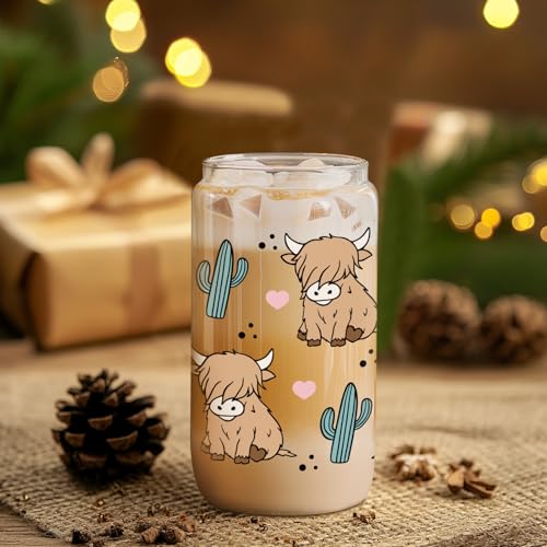 Highland Cow Mug - Rustic Glass Cup with Lid, Straw & Gift Box for Cow Lovers