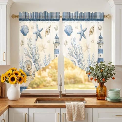 Coastal Blue Nautical Sheer Curtains Set 36x45 Inches with 2 Panels - Lighthouse & Conch Coral Design