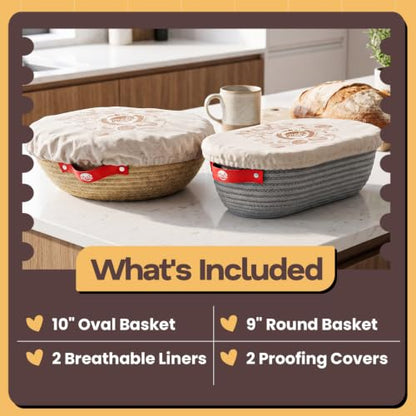 Bread Proofing Basket Set - Round & Oval Sourdough Banneton Baskets with Liners & Cover