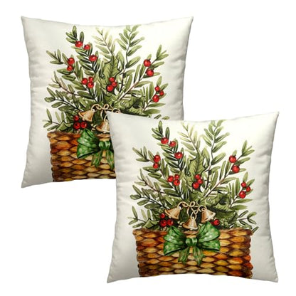 Winter Botanical Throw Pillow Covers 16x16 Inch Set of 2 Pine Branches Red Berries Basket