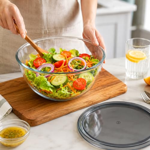 Large Glass Mixing Bowl with Lid - 4.7 Quart for Baking & Kitchen prep