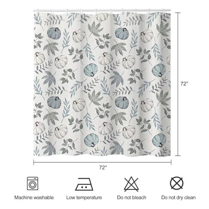Blue White Pumpkin Shower Curtain - Fall Farmhouse Bathroom Decor 72x72 Inch with Hooks