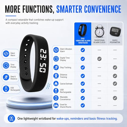 Black Vibrating Alarm Wristband for Heavy Sleepers – Silent Wake-up Watch, Fitness Reminder