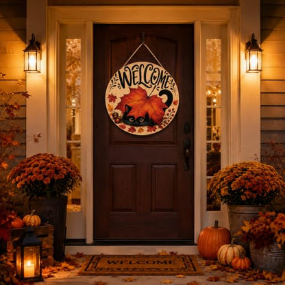 Fall Decor - Autumn Welcome Sign for Front Door - Orange Black - Thanksgiving Wreath