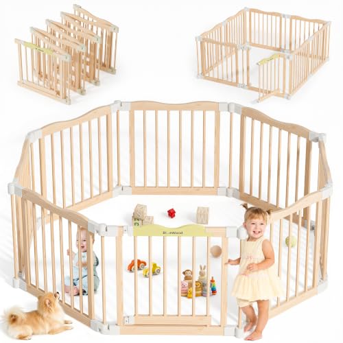 Foldable Wooden Baby Playpen - Natural Pine, 55 x 55 x 24 Inches - Safety Certified, Adjustable Shape, Portable Baby Gate