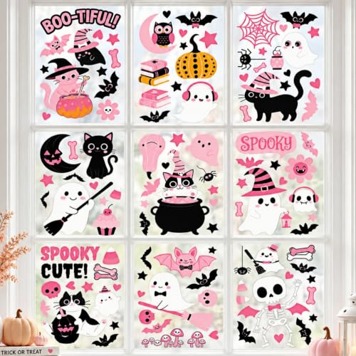Pink Halloween Window Clings Set - 115 Reusable Spooky Decals for Glass