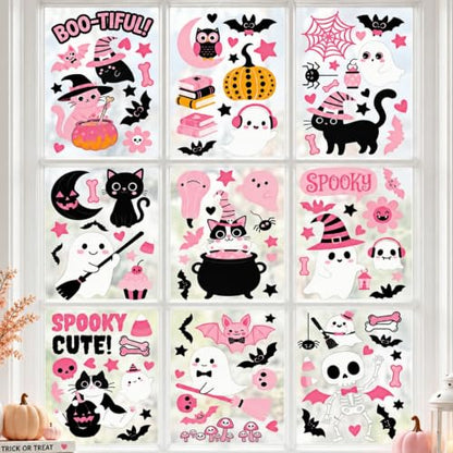Pink Halloween Window Clings Set - 115 Reusable Spooky Decals for Glass