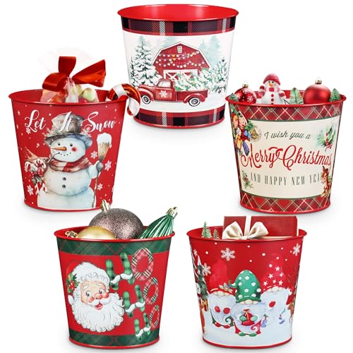 Red Putuo Decor Christmas Metal Buckets Set of 5 Holiday Ice Buckets