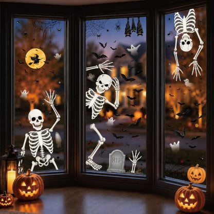 Skeleton Halloween Window Clings - Skull Design, Indoor & Outdoor Decorations