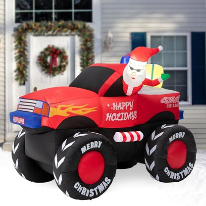 Inflatable Christmas Santa on Off-Road Pickup Truck Decor with Built-in LEDs - 7ft Holiday Yard Decoration
