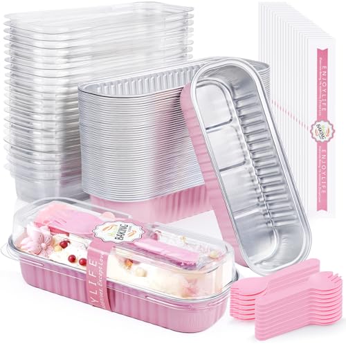 Pink Disposable Mini Loaf Pans with Lids & Spoons 30 Pack - 6.8oz Baking Tins