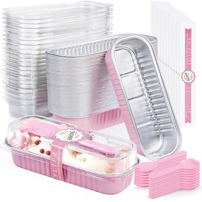 Pink Disposable Mini Loaf Pans with Lids & Spoons 30 Pack - 6.8oz Baking Tins