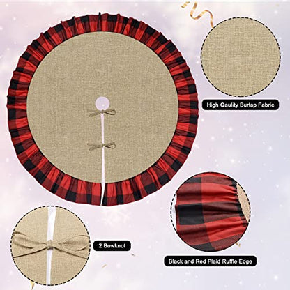 48 Inch Buffalo Plaid Burlap Tree Skirt with Ruffle - Rustic Farmhouse Christmas Decor