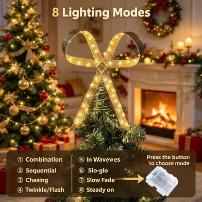 Gold Glitter LED Christmas Tree Topper Bow with 8 Light Modes, Waterproof