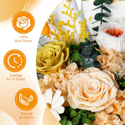 Orange Preserved Rose Flower Bouquet with Shatterproof Vase - Romantic Forever Gift for Anniversary & Valentine’s Day