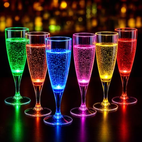 6 Mixed Colors LED Plastic Champagne Flutes 150ml Reusable Party Glasses