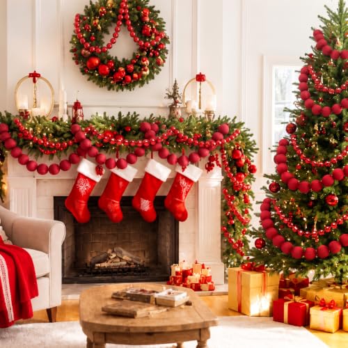 Giant Red Velvet Christmas Ball Garland Set - 3 Pcs 19.68ft with Tassels, Modern Style