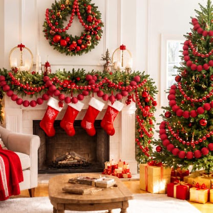 Giant Red Velvet Christmas Ball Garland Set - 3 Pcs 19.68ft with Tassels, Modern Style
