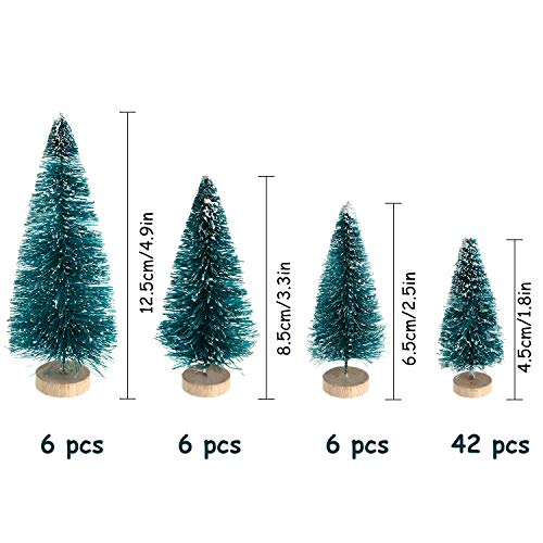 60 Pcs Mini Christmas Bottle Brush Trees with Snow - Assorted Sizes - Holiday Decor