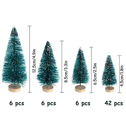 60 Pcs Mini Christmas Bottle Brush Trees with Snow - Assorted Sizes - Holiday Decor