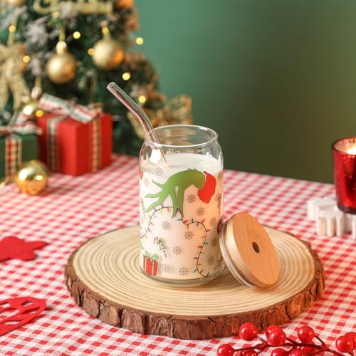 Christmas 16oz Glass Can Mug with Lid & Straw - Holiday Coffee Cup