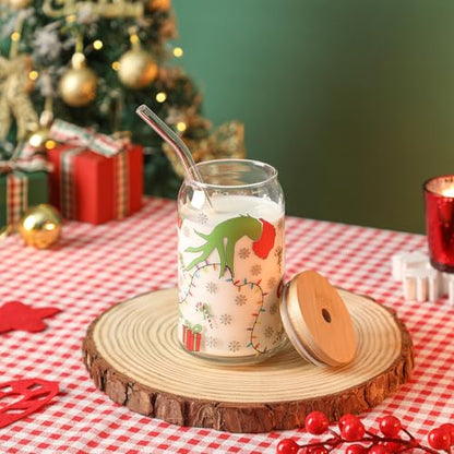 Christmas 16oz Glass Can Mug with Lid & Straw - Holiday Coffee Cup