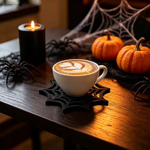 Halloween Black Spider Web Felt Coasters Set of 6 for Fall & Party Decor