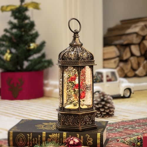 Hexagon Lighted Musical Snow Globe Lantern with Red Cardinals - Indoor Holiday Decor