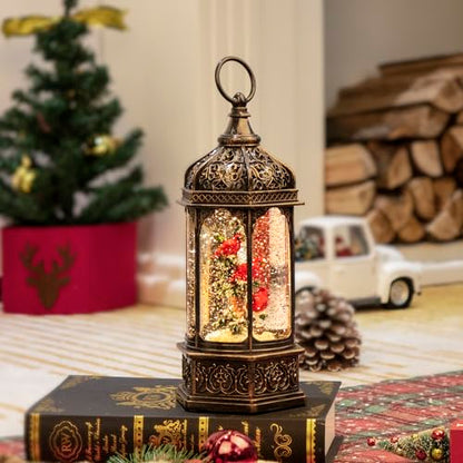 Hexagon Lighted Musical Snow Globe Lantern with Red Cardinals - Indoor Holiday Decor