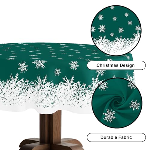 Xmas Tablecloth 70 Inch Round Green Snowflakes Holiday Party Cover - Spillproof & Washable