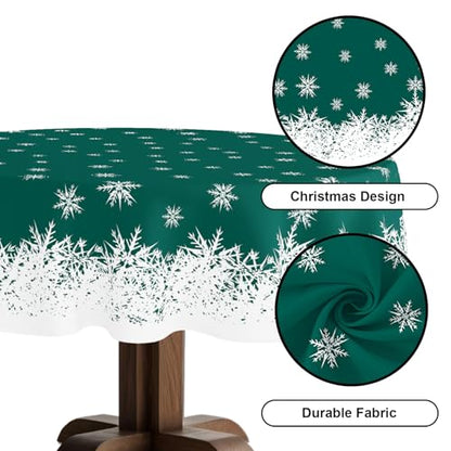 Xmas Tablecloth 70 Inch Round Green Snowflakes Holiday Party Cover - Spillproof & Washable