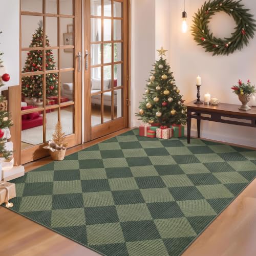 Olive Green Checkered Area Rug 3x5 Non Slip Washable Entryway Bedroom Decor