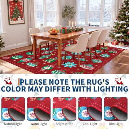 Christmas Rug 5x7 Feet - Red Festive Holiday Decor Non Slip Stain Resistant Low Pile Area Rug with Christmas Balls