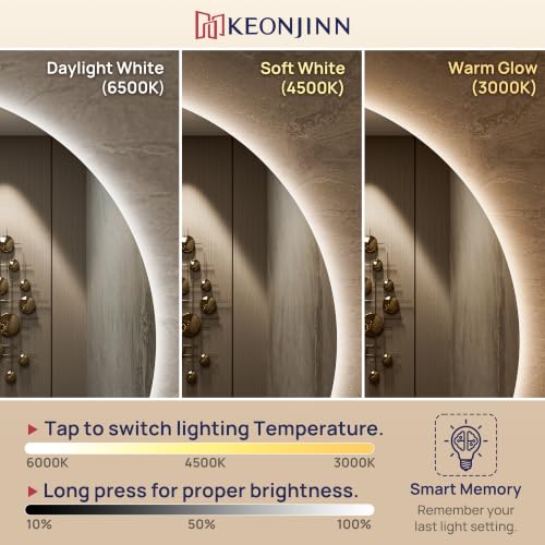 Keonjinn 36x36 Inch Half Moon Backlit Bathroom Mirror with HD Tempered Glass - Vertical Cut