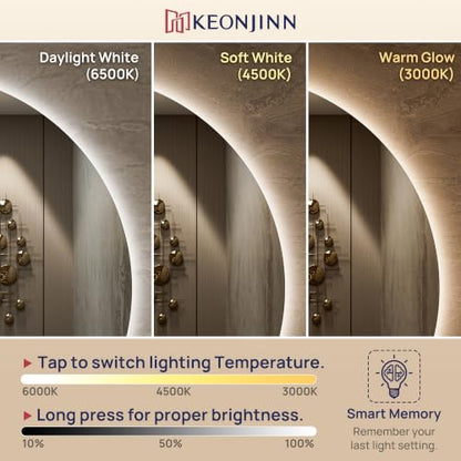Keonjinn 36x36 Inch Half Moon Backlit Bathroom Mirror with HD Tempered Glass - Vertical Cut