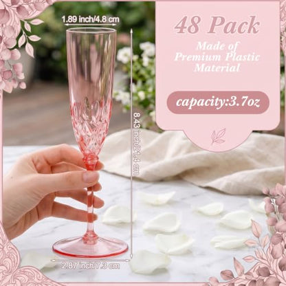 Pink Plastic Champagne Flutes Set 48pcs Detachable 3.7oz Bulk Party Glasses