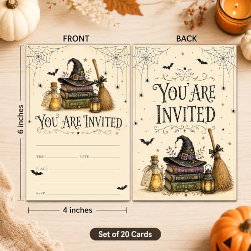 Halloween Party Invitations - Witch Hat Potion Books & Broom - Fill In Cards with Envelopes - Books & Broom Variant