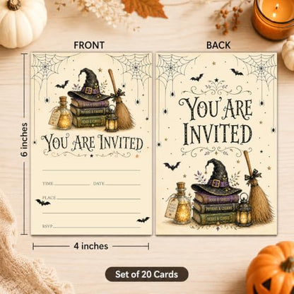 Halloween Party Invitations - Witch Hat Potion Books & Broom - Fill In Cards with Envelopes - Books & Broom Variant