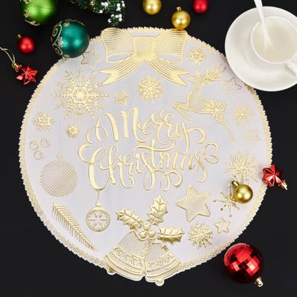 Christmas Placemats Set of 6 - Gold Merry Christmas Round Vinyl Easy Clean 15 Inch