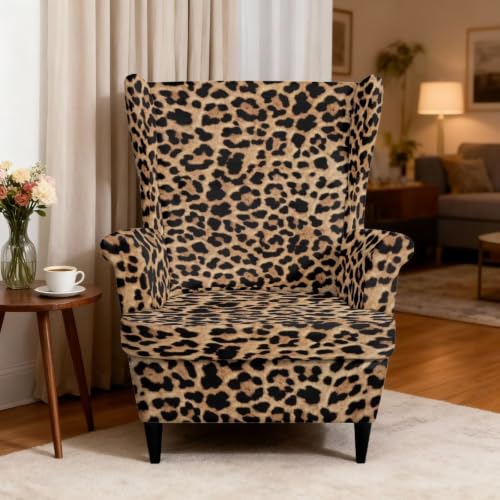 Leopard Print Wingback Chair Cover Set of 2 Brown Washable Elastic Furniture Protector